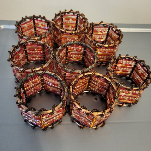 NIB Pier 1 Imports Napkin Ring Holders 8 Moroccan Red Brown Beaded Wires Fancy - Picture 1 of 8
